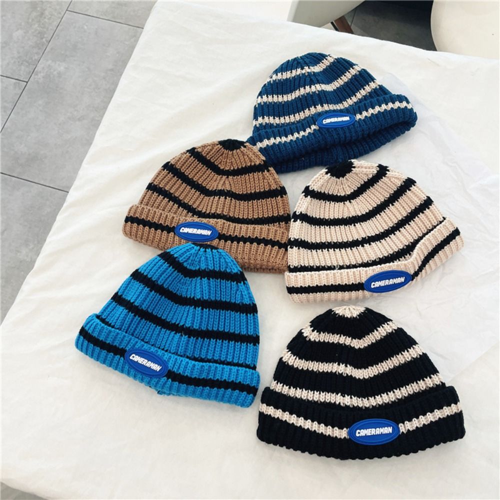 Beanie Cuffed Knit - Modische warme Kindermützen, atmungsaktiv, bequem, gestreift,