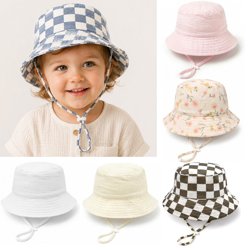 Bucket Hat Cotton - Musselin-Baby-Sommerhut, verstellbarer Kinder-Sonnenhut, 100 % Baumwolle,
