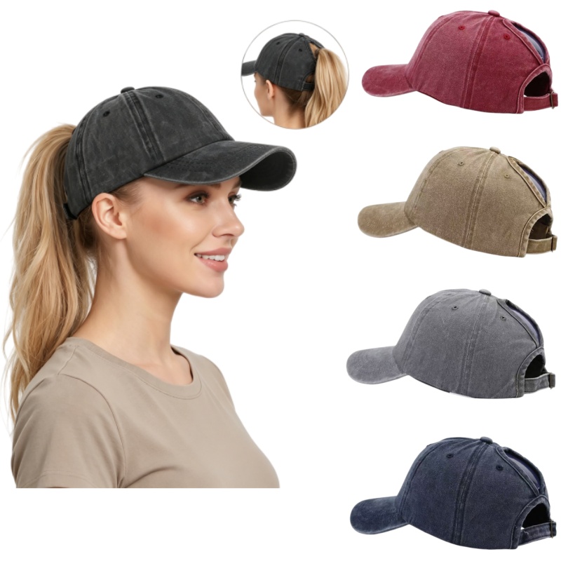Golf Cap Dad - Gewaschene Baumwoll-Baseballkappe mit Verstellbarem Pferdeschwanzöffnung Klassische