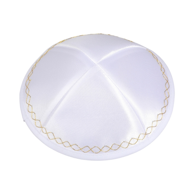Skull Cap Helmet Liner - Weiße Satin-Kippa mit Goldener Wellenborte, Jarmulke